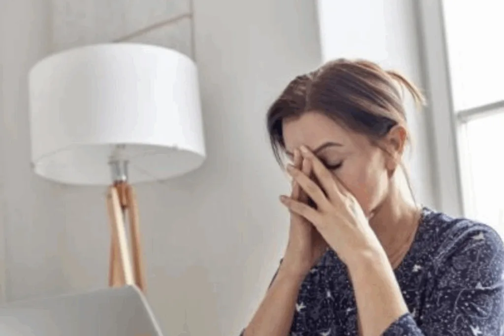 Mujer estresada frente a la computadora, representando los efectos de la autoexigencia y el perfeccionismo