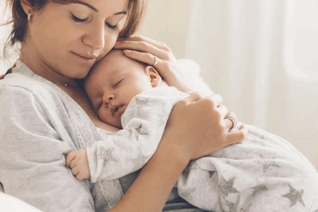 Madre abrazando a su bebé con ternura, simbolizando el vínculo emocional y la importancia del bienestar materno.